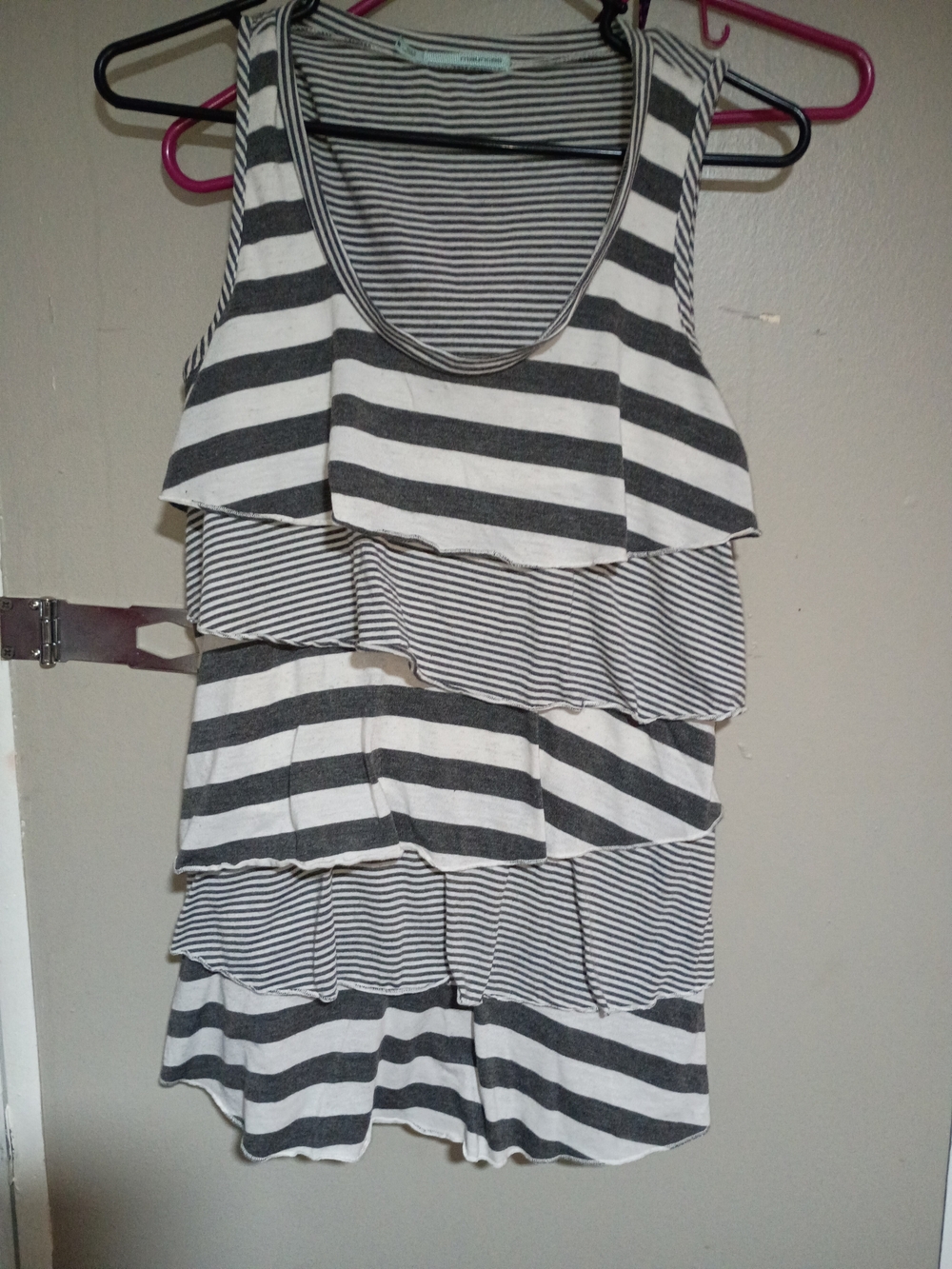 Maurices Gray & White Striped Tiered Ruffle Tank